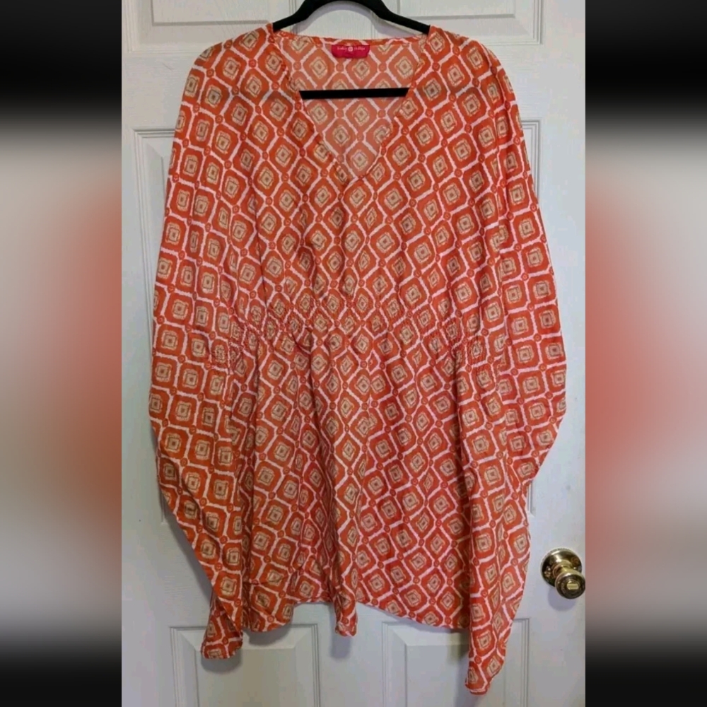 Lindsay Phillips Beach Cover-up Kaftan M/L Orange Geometric Print Boho Resort